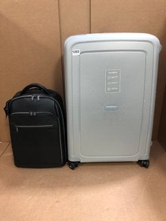 SAMSONITE CLASSIC LEATHER COLLECTION SMALL SUITCASE IN BLACK TO INCLUDE SAMSONITE LARGE HARD SHELL SUITCASE IN GREY: LOCATION - B2