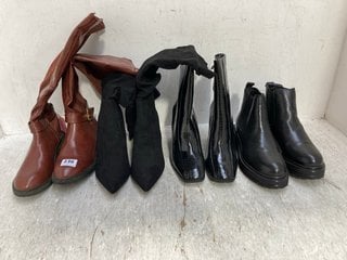 4 X ASSORTED WOMENS SHOES TO INCLUDE DOROTHY PERKINS AND NEW LOOK LEATHER AND SUEDE KNEE HIGH BOOTS IN DARK TAN AND BLACK SIZE: 6: LOCATION - A11