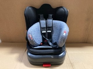 CHILDRENS HIGH BACK PADDED CAR SEAT IN BLACK AND GREY: LOCATION - A13