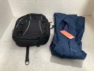 BERGHAUS OMEARA LONG SHELL JACKET IN NAVY SIZE: 16 TO INCLUDE BASICS MEH AND CANVAS BACKPACK IN BLACK: LOCATION - B19