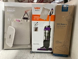 3 X ASSORTED HOUSE HOLD ITEMS TO INCLUDE VAX BLADE 4 DUAL PET AND CAR CORDLESS VACUUM CLEANER, JOSEPH JOSEPH TOTA 90L EASY EMPTY LAUNDRY BASKET: LOCATION - B15