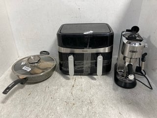 3 X ASSORTED KITCHEN ITEMS TO INCLUDE TOWER DUAL BASKET AIR FRYER IN BLACK, DELONGHI STAINLESS STEEL COMPACT COFFEE MACHINE: LOCATION - B12