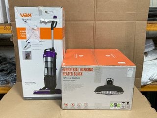 INDUSTRIAL HANGING HEATER IN BLACK TO INCLUDE VAX MACH AIR UPRIGHT VACUUM CLEANER: LOCATION - B4