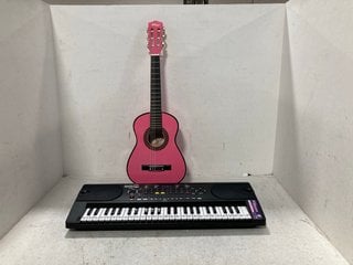 2 X ASSORTED MUSICAL ITEMS TO INCLUDE TIGER MUSIC 1/4 SIZE CLASSICAL GUITAR PACK IN PINK: LOCATION - C8