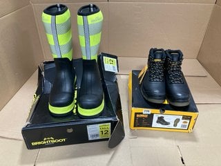 DEWALT STEEL TOE PROTECTIVE LACE UP BOOTS IN BLACK SIZE: 10 TO INCLUDE BRIGHT BOOT TALL REFLECTIVE STEEL TOE HIGH BOOTS IN BLACK/YELLOW SIZE: 12: LOCATION - C16