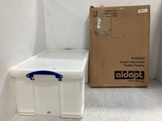 LARGE HANDLED PLASTIC STORAGE BOX IN WHITE TO INCLUDE AIDAPT ASHFORD HEIGHT ADJUSTABLE TOILET FRAME: LOCATION - D13