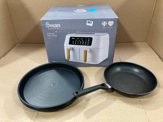 SMALL NON STICK FRYING PAN IN BLACK TO INCLUDE 5 X CAKE PANS IN BLACK , SWAN DUAL 8L AIR FRYER IN WHITE: LOCATION - D12