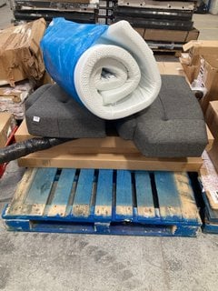 QTY OF ASSORTED ITEMS TO INCLUDE 2 X GREY SOFA CUSHIONS & ROLLED MATTRESS TOPPER WITH CORNER STRAPS: LOCATION - B4 (KERBSIDE PALLET DELIVERY)