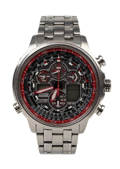 Citizen Red Arrows Eco-Drive Quartz Watch, Model: U680-S089247 Black and Red Dial Stainless Stell Bracelet. Brief Condition Report: Signs of Wear (Not Currently Running) (VAT Only Payable on Buyers P