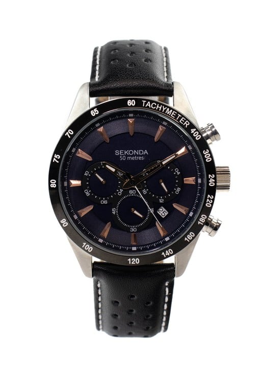 Sekonda Chronograph Quartz Watch, Model: 1700 CPT Black Dial Black Leather Strap. Brief Condition Report: Ex Display (Currently Running) (VAT Only Payable on Buyers Premium)