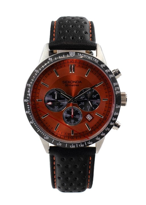 Sekonda Sports Velocity Chronograph Quartz Watch, Model: 30020 CPT Orange Dial Black Leather Strap. Brief Condition Report: Ex Display (Currently Running) (VAT Only Payable on Buyers Premium)