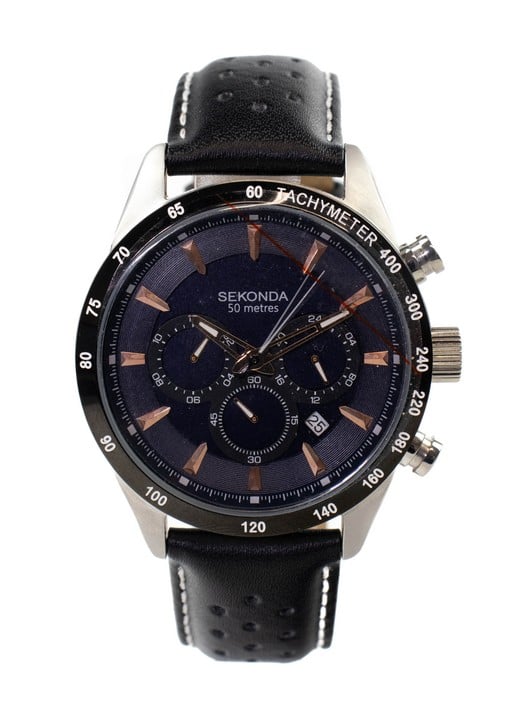 Sekonda Chronograph Quartz Watch, Model: 1700 CPT Black Dial Black Leather Strap. Brief Condition Report: Ex Display (Currently Running) (VAT Only Payable on Buyers Premium)