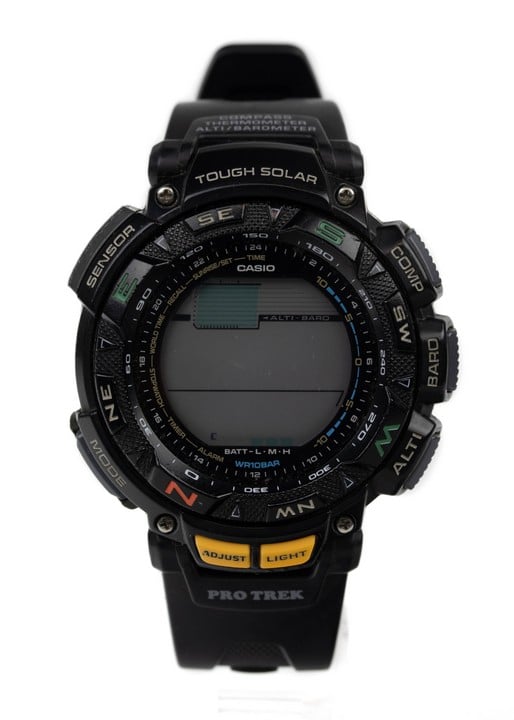 Casio Pro Trek Digital Watch, Model: 201C316C Stainless Steel Case Black Resin Rotating Bezel with Rubber Strap. Brief Condition Report: Signs of Wear (Not Currently Running) (VAT Only Payable on Buy