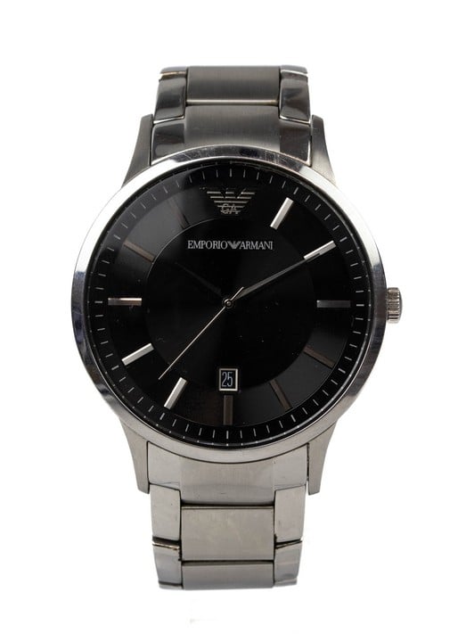 Emporio Armani Quartz Watch, Model: AR2457 Black Dial Stainless Steel Case and Bracelet. Has Original Box (Worn). Brief Condition Report: Signs of Wear (Not Currently Running) (VAT Only Payable on Bu