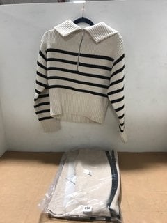 3 X MINT VELVET WOMENS CLOTHING IN VARIOUS SIZES TO INCLUDE STRIPE HIGH NECK JUMPER IN BLACK/BEIGE - SIZE UK SMALL - COMBINED RRP £205: LOCATION - J7