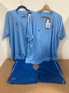 2 X UNDER ARMOUR LAUNCH SHORTS IN BLUE - UK XL TO ALSO INCLUDE 2 X UNDER ARMOUR TECH T-SHIRTS IN BLUE - UK XL: LOCATION - J20