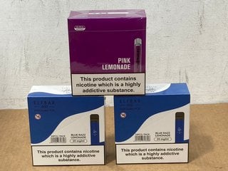 2 X BOXES OF 10 DISPOSABLE ELFBARS (20MG) - 600 PUFFS IN BLUE RAZZ FLAVOUR - BBE: 10.08.2026 TO ALSO INCLUDE BOX OF 10 SKE CRYSTAL BAR DISPOSABLE VAPES (20MG) - 600 PUFFS IN PINK LEMONADE FLAVOUR - B