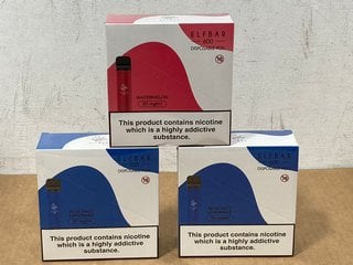 2 X BOXES OF 10 DISPOSABLE ELFBARS (20MG) - 600 PUFFS IN BLUE RAZZ FLAVOUR - BBE: 10.08.2026 TO ALSO INCLUDE BOX OF 10 DISPOSABLE ELFBARS (20MG) - 600 PUFFS IN WATERMELON FLAVOUR - BBE: 08.05.2026 (P