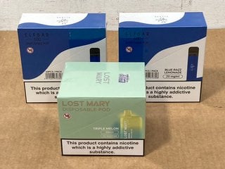 2 X BOXES OF 10 DISPOSABLE ELFBARS (20MG) - 600 PUFFS IN BLUE RAZZ FLAVOUR - BBE: 10.08.2026 TO ALSO INCLUDE BOX OF 10 LOST MARY DISPOSABLE PODS (20MG) - 600 PUFFS IN TRIPLE MELON FLAVOUR - BBE: 15.0