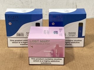 2 X BOXES OF 10 DISPOSABLE ELFBARS (20MG) - 600 PUFFS IN BLUE RAZZ FLAVOUR - BBE: 10.08.2026 TO ALSO INCLUDE BOX OF 10 LOST MARY DISPOSABLE PODS (20MG) - 600 PUFFS IN STRAWBERRY ICE FLAVOUR - BBE: 21