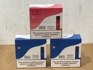 2 X BOXES OF 10 DISPOSABLE ELFBARS (20MG) - 600 PUFFS IN BLUE RAZZ FLAVOUR - BBE: 10.08.2026 TO ALSO INCLUDE BOX OF 10 DISPOSABLE ELFBARS (20MG) - 600 PUFFS IN WATERMELON FLAVOUR - BBE: 08.05.2026 (P