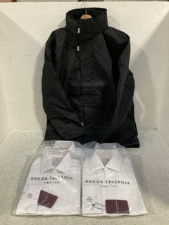 4 X MENS BROOK TAVERNER PURE COTTON CLASSIC FIT LONG SLEEVED SHIRTS IN WHITE IN VARIOUS SIZES TO ALSO INCLUDE KARIBIN LONG SLEEVED LINED COAT IN BLACK - SIZE NOT SHOWN: LOCATION - H15