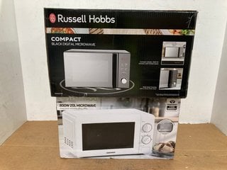 DAEWOO 800W 20 LITRE MICROWAVE OVEN IN WHITE TO ALSO INCLUDE RUSSELL HOBBS COMPACT DIGITAL MICROWAVE OVEN IN BLACK: LOCATION - E14