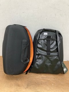 OSPREY TRANSPORTER FLAP BACKPACK IN BLACK TO ALSO INCLUDE ZIP UP HARD SHELL CASE WITH STRAP IN BLACK: LOCATION - E14