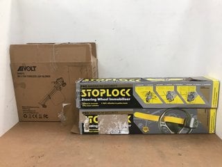 2 X STOPLOCK STEERING WHEEL IMMOBILISERS TO ALSO INCLUDE AVOLT 40V LI-ION CORDLESS LEAF BLOWER - MODEL: YA66012: LOCATION - E10