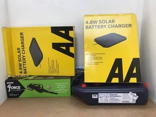 5 X VEHICLE/OUTDOOR ITEMS TO INCLUDE 2 X AA 4.8W SOLAR BATTERY CHARGERS & MYLEK 4ORCE 20V CORDLESS LEAF BLOWER: LOCATION - E9