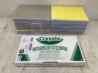 QTY OF PREMTO A4 LINED NOTEBOOKS IN YELLOW TO ALSO INCLUDE BOX OF CRAYOLA 288 COLOURS PENCIL CRAYONS IN 12 ASSORTED COLOURS: LOCATION - E5