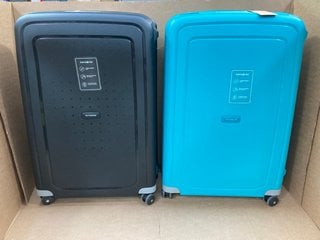 2 X SAMSONITE SPINNER 75/28 HARD SHELL LARGE SUITCASES IN AQUA BLUE & BLACK - COMBINED RRP £225: LOCATION - E2