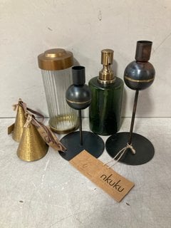 QTY OF ASSORTED NKUKU ITEMS TO INCLUDE ENDO RECYCLED IRON CANDLE HOLDER SET OF 2 IN BLACK: LOCATION - BR7