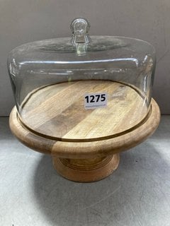 RECYCLED GLASS DOME CAKE STAND - MANGO WOOD & GLASS - 35 X 35.5CM (DIA) - RRP £95: LOCATION - CR8