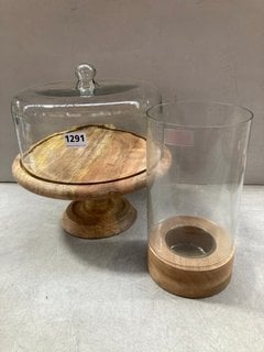 RECYCLED GLASS DOME CAKE STAND - MANGO WOOD & GLASS - 35 X 35.5CM (DIA) - RRP £95 TO INCLUDE IDHA STRAIGHT HURRICANE LANTERN - MANGO WOOD & GLASS: LOCATION - CR10