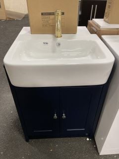 (COLLECTION ONLY) FLOOR STANDING 2 DOOR SEMI RECESSED SINK UNIT IN MIDNIGHT BLUE 605 X 420MM WITH A 1TH CERAMIC BASIN COMPLETE WITH A BRUSHED BRASS MONO BASIN MIXER TAP & SPRUNG WASTE - RRP £775: LOC