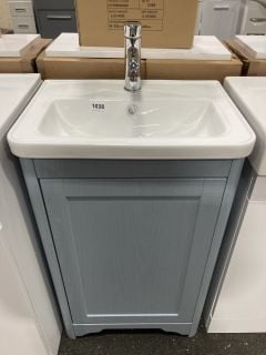 (COLLECTION ONLY) FLOOR STANDING 1 DOOR SINK UNIT IN SKY BLUE WOOD GRAIN WITH A 505 X 370MM 1TH CERAMIC BASIN COMPLETE WITH A MONO BASIN MIXER TAP & CHROME SPRUNG WASTE - RRP £720: LOCATION - A5