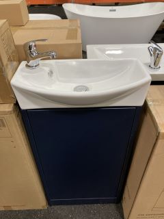 (COLLECTION ONLY) FLOOR STANDING 1 DOOR CLOSET SINK UNIT IN INDIGO WITH A 460 X 230MM 1TH CERAMIC BASIN COMPLETE WITH A MONO BASIN MIXER TAP & CHROME SPRUNG WASTE - RRP £645: LOCATION - A4