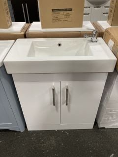 (COLLECTION ONLY) FLOOR STANDING 2 DOOR SINK UNIT IN WHITE WITH A 700 X 360MM 1TH CERAMIC BASIN COMPLETE WITH A MONO BASIN MIXER TAP & CHROME SPRUNG WASTE - RRP £735: LOCATION - A5