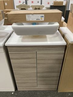 (COLLECTION ONLY) FLOOR STANDING 2 DOOR COUNTERTOP SINK UNIT IN DRIFTWOOD & WHITE 550 X 380MM WITH A CERAMIC VESSEL BASIN COMPLETE WITH A HIGH MONO BASIN MIXER TAP IN CHROME WITH POP UP WASTE - RRP £