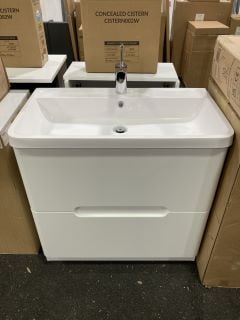 (COLLECTION ONLY) FLOOR STANDING 2 DRAWER SINK UNIT IN WHITE WITH A 800 X 460MM 1TH POLYMARBLE BASIN COMPLETE WITH A MONO BASIN MIXER TAP & CHROME SPRUNG WASTE - RRP £785: LOCATION - A6