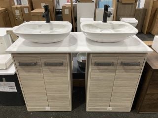 (COLLECTION ONLY) 2 X VITRA FLOOR STANDING 2 DOOR BASE UNITS IN GREY OAK WITH A 1210 X 470MM WHITE COUNTERTOP & 2 X 1TH CERAMIC BASINS & 2 X BLACK MONO BASIN MIXER TAP & SPRUNG WASTES - RRP £1897: LO