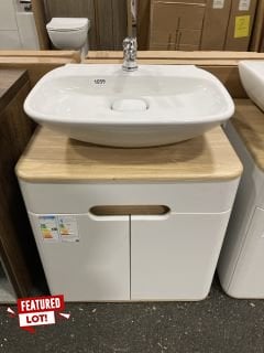 (COLLECTION ONLY) VITRA WALL HUNG 2 DOOR LED ILLUMINATED COUNTERTOP SINK UNIT IN WHITE & OAK WITH A 1TH CERAMIC BASIN & MONO BASIN MIXER TAP & CHROME SPRUNG WASTE - RRP £1398: LOCATION - A7