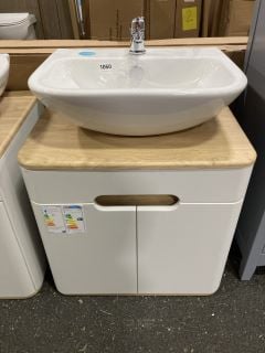 (COLLECTION ONLY) VITRA WALL HUNG 2 DOOR LED ILLUMINATED COUNTERTOP SINK UNIT IN WHITE & OAK WITH A 1TH CERAMIC BASIN & MONO BASIN MIXER TAP & CHROME SPRUNG WASTE - RRP £1398: LOCATION - A7