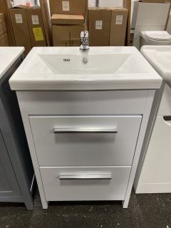 (COLLECTION ONLY) FLOOR STANDING 2 DRAWER SINK UNIT IN WHITE WITH A 510 X 400MM 1TH CERAMIC BASIN COMPLETE WITH A MONO BASIN MIXER TAP & CHROME SPRUNG WASTE - RRP £720: LOCATION - A7