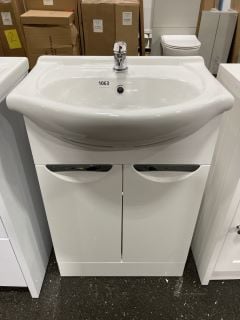 (COLLECTION ONLY) FLOOR STANDING 2 DOOR SEMI RECESSED SINK UNIT IN WHITE WITH A 560 X 430MM 1TH CERAMIC BASIN COMPLETE WITH A MONO BASIN MIXER TAP & CHROME SPRUNG WASTE - RRP £730: LOCATION - A7