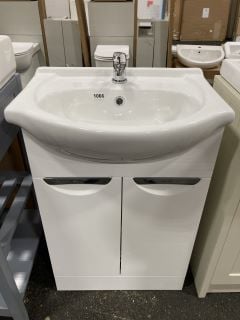 (COLLECTION ONLY) FLOOR STANDING 2 DOOR SEMI RECESSED SINK UNIT IN WHITE WITH A 560 X 430MM 1TH CERAMIC BASIN COMPLETE WITH A MONO BASIN MIXER TAP & CHROME SPRUNG WASTE - RRP £730: LOCATION - A7