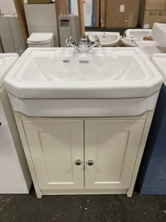 (COLLECTION ONLY) FLOOR STANDING 2 DOOR SEMI RECESSED SINK UNIT IN IVORY 605 X 420MM WITH A 1TH CERAMIC BASIN COMPLETE WITH A TRADITIONAL CROSSHEAD MONO BASIN MIXER TAP & SPRUNG WASTE - RRP £775: LOC