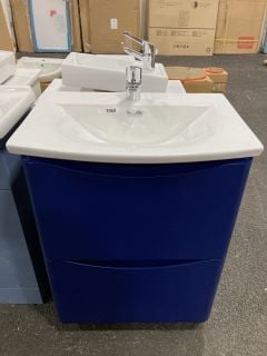 (COLLECTION ONLY) FLOOR STANDING 2 DRAWER SINK UNIT IN NAVY 570 X 400MM WITH A 610 X 440MM BOW FRONTED 1TH CERAMIC BASIN COMPLETE WITH A MONO BASIN MIXER TAP & CHROME SPRUNG WASTE - RRP £745: LOCATIO