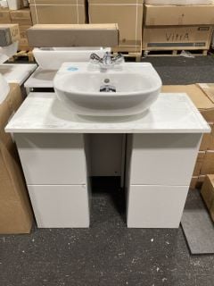 (COLLECTION ONLY) 2 X 2 DRAWER BASE UNITS IN GLOSS DOVE GREY WITH A 820 X 370MM WHITE COUNTERTOP WITH A 1TH CERAMIC BASIN COMPLETE WITH A MONO BASIN MIXER TAP & CHROME SPRUNG WASTE - RRP £735: LOCATI